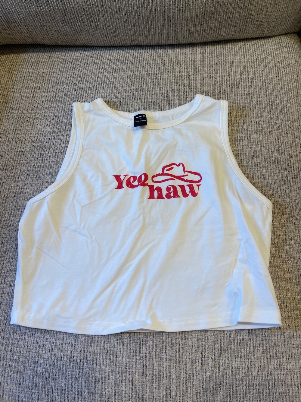 White Cropped Tank Top with Red "Yee Haw" Graphic